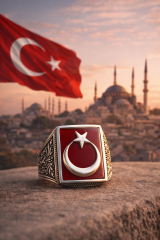 AY YILDIZ TEMALI MİNELİ GÜMÜŞ YÜZÜK