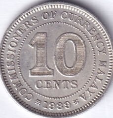 İngiliz Malaya Kanal Yönetimi 10 Cent 1939 Yılı