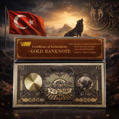 Cumhuriyet İlk Dönem Bozkurtlu 10 Livre Altın Kaplama Hatıra Banknot